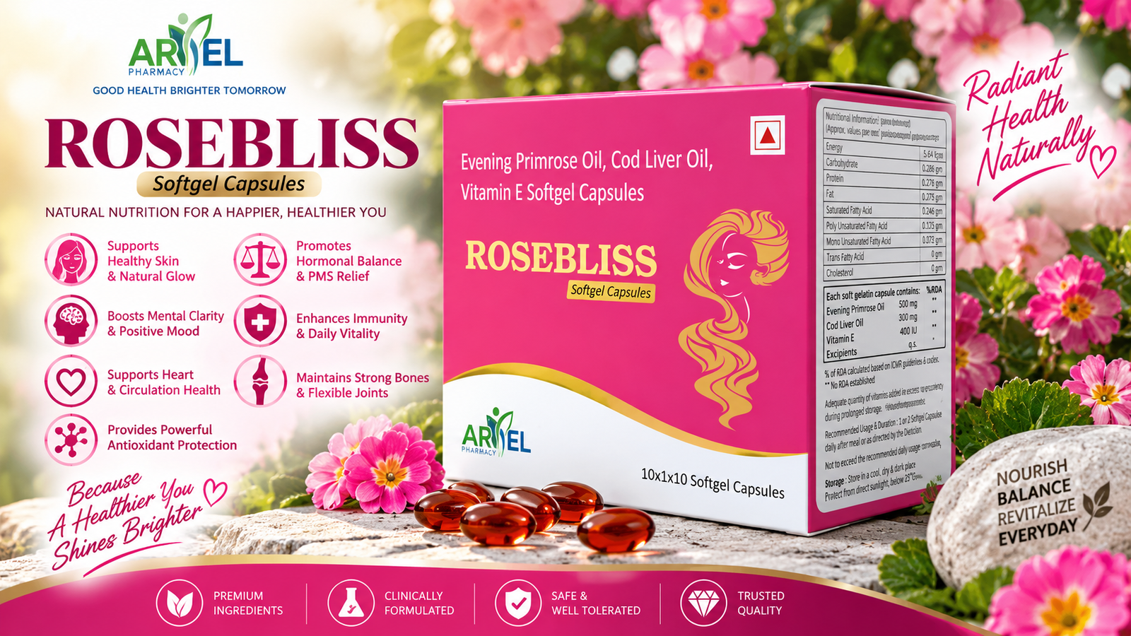 Rosebliss Evening Primrose Oil, Cod Liver Oil & Vitamin E Softgel Capsules – 30 Capsules 1 Rosebliss Evening Primrose Oil, Cod Liver Oil & Vitamin E Softgel Capsules – 30 Capsules