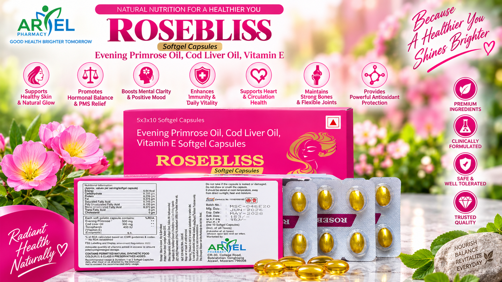Rosebliss Evening Primrose Oil, Cod Liver Oil & Vitamin E Softgel Capsules – 30 Capsules 4 Rosebliss Evening Primrose Oil, Cod Liver Oil & Vitamin E Softgel Capsules – 30 Capsules - Image 4