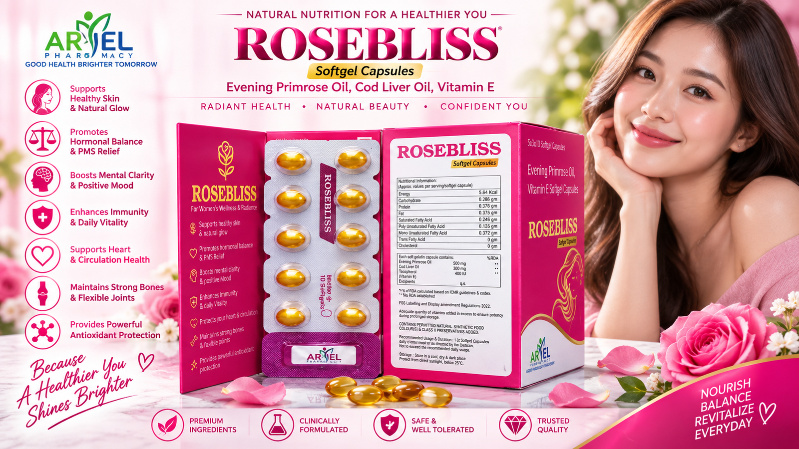 Rosebliss Evening Primrose Oil, Cod Liver Oil & Vitamin E Softgel Capsules – 30 Capsules 2 Rosebliss Evening Primrose Oil, Cod Liver Oil & Vitamin E Softgel Capsules – 30 Capsules - Image 2